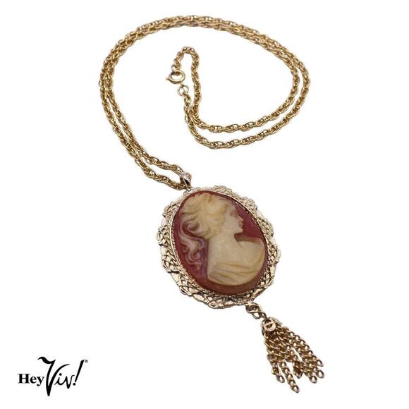 Vintage Cameo Pendant Necklace w Ornate Frame and Tassel 23" Chain - Hey Viv - Picture 4 of 5